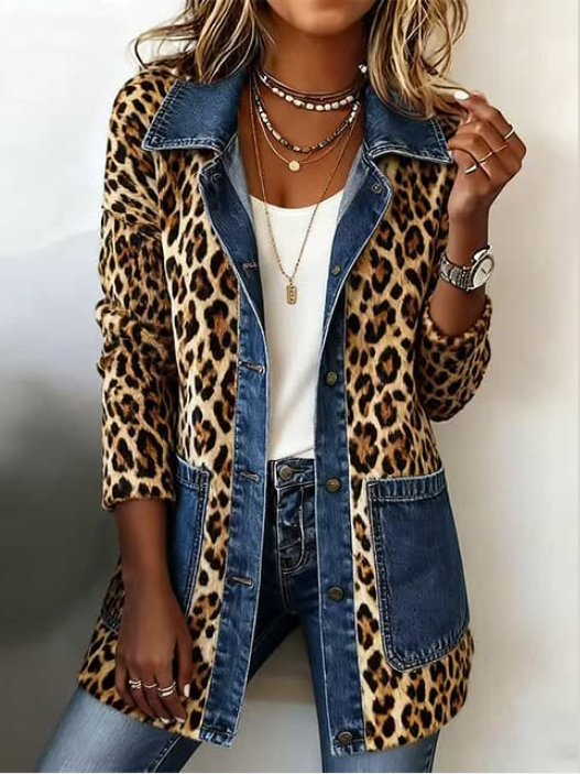 Leopard-print long denim jacket, button-front with patchwork denim pockets