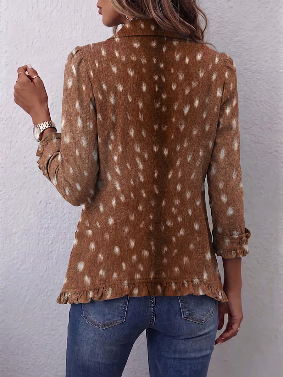 Brown bohemian print pleated jacket with long sleeves and ruffled hem, back view