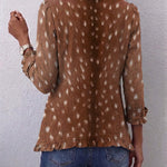 Brown bohemian print pleated jacket with long sleeves and ruffled hem, back view
