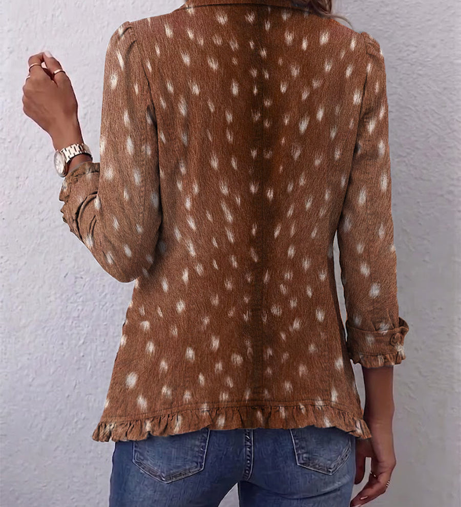Brown bohemian print pleated jacket with long sleeves and ruffled hem, back view