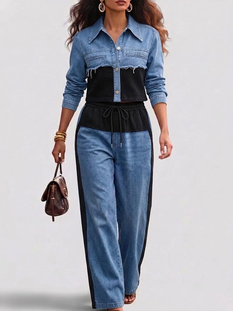 Denim cropped jacket and wide-leg jeans set, blue with black waist panel and drawstring