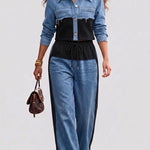 Denim cropped jacket and wide-leg jeans set, blue with black waist panel and drawstring