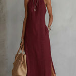 Burgundy linen midi dress with Mao collar and sleeveless embroidered placket, side slit