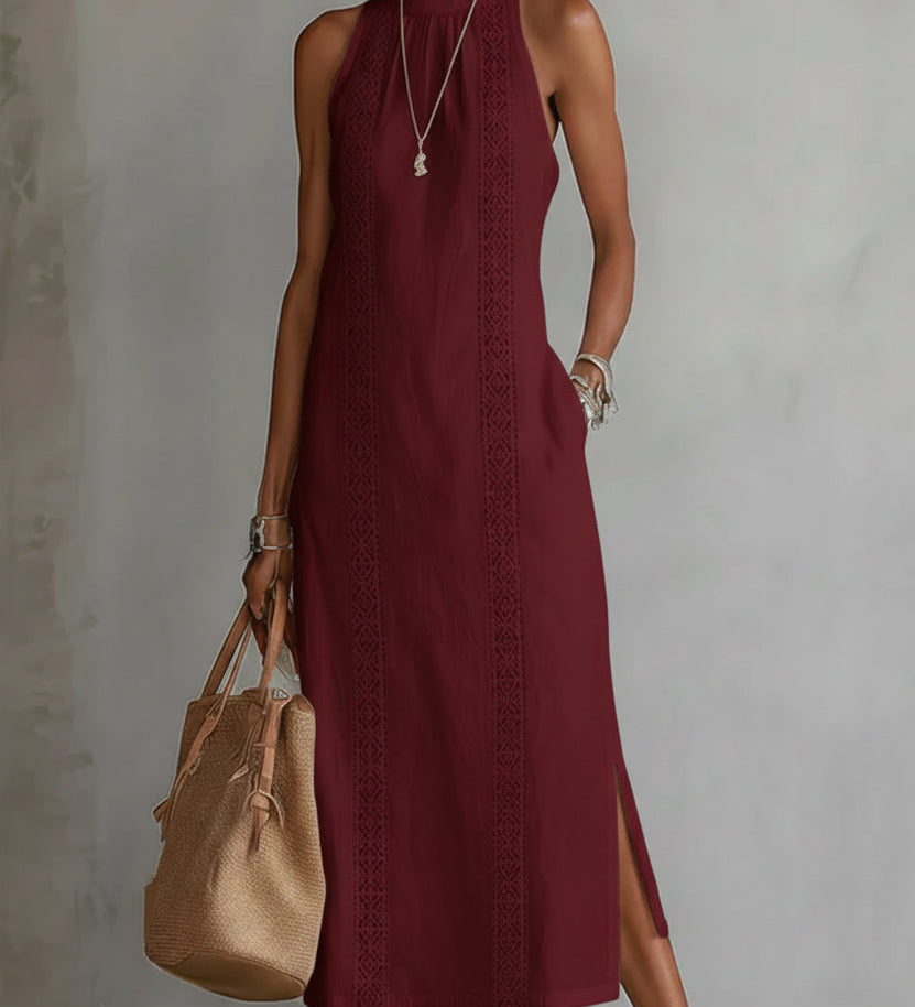Burgundy linen midi dress with Mao collar and sleeveless embroidered placket, side slit