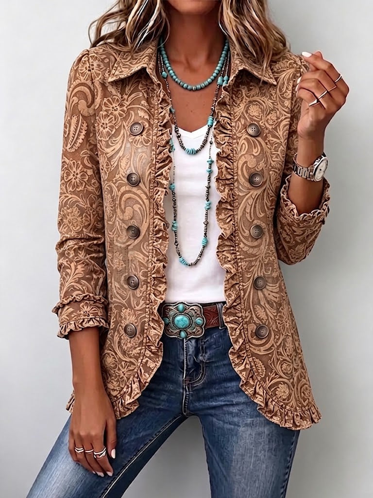 Brown bohemian printed pleated jacket with button front and long sleeves