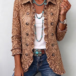 Brown bohemian printed pleated jacket with button front and long sleeves