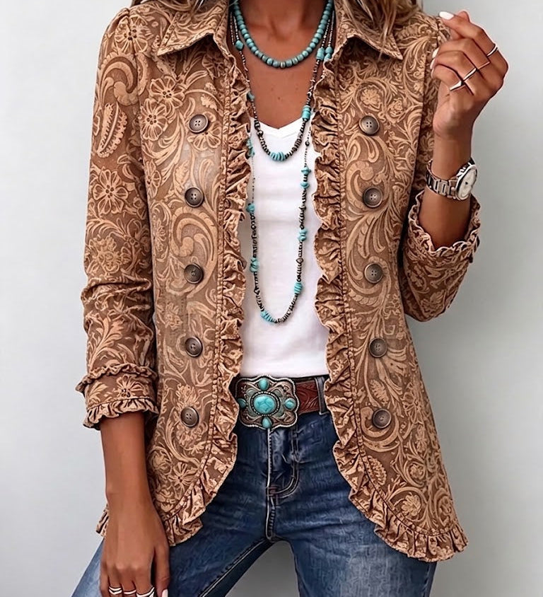 Brown bohemian printed pleated jacket with button front and long sleeves