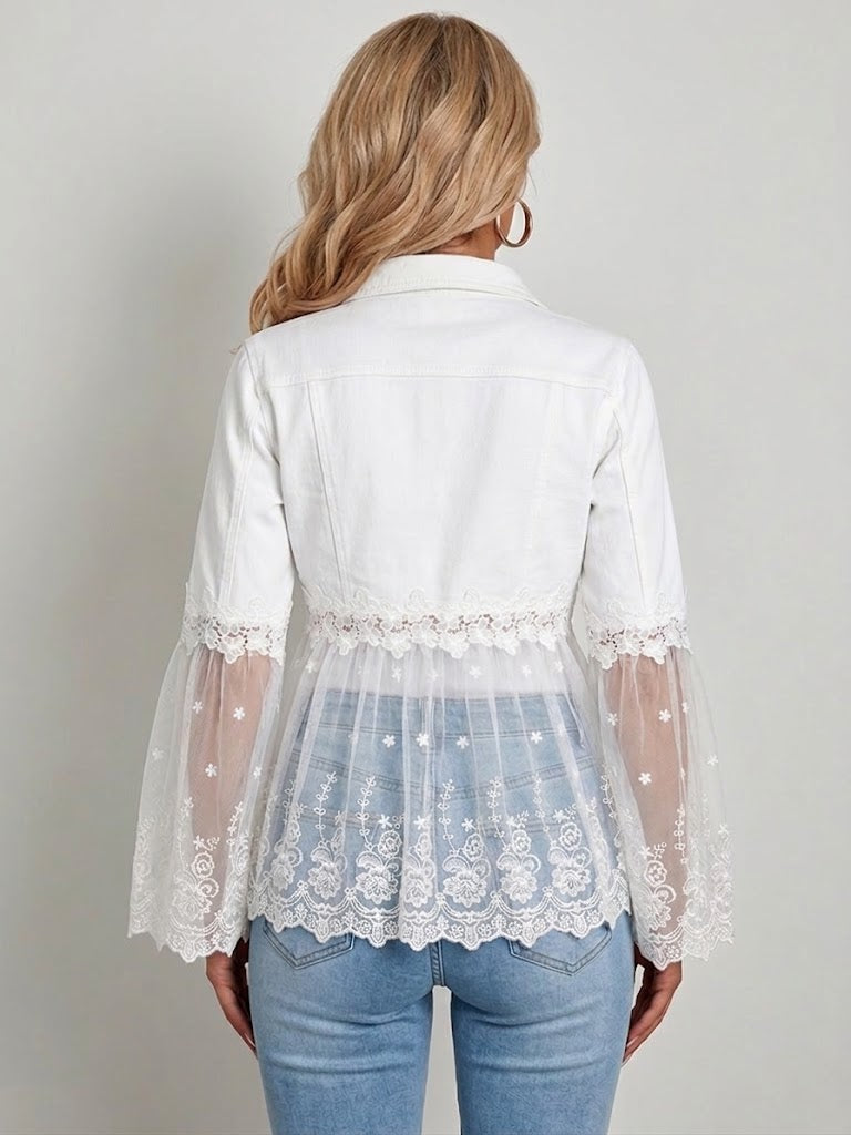 White jacket back with lace panel hem and sheer lace bell sleeves