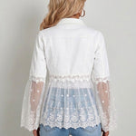 White jacket back with lace panel hem and sheer lace bell sleeves