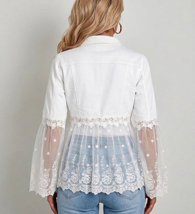 White jacket back with lace panel hem and sheer lace bell sleeves