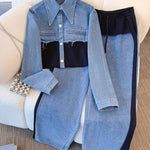 Denim cropped jacket and wide-leg pants set, blue with black color-block panels