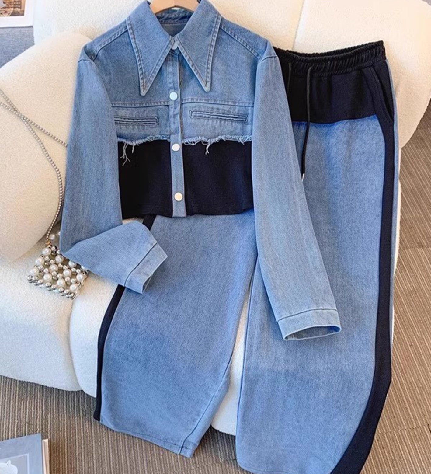 Denim cropped jacket and wide-leg pants set, blue with black color-block panels
