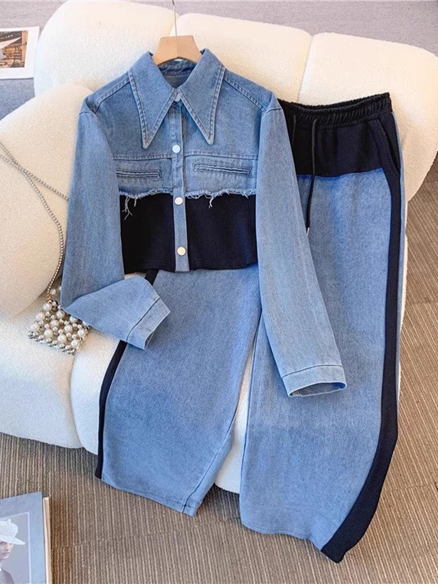 Denim cropped jacket and wide-leg pants set, blue with black color-block panels