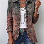 Vintage wash denim jacket, textured rust gradient, button front, ruffle-trim cuffs