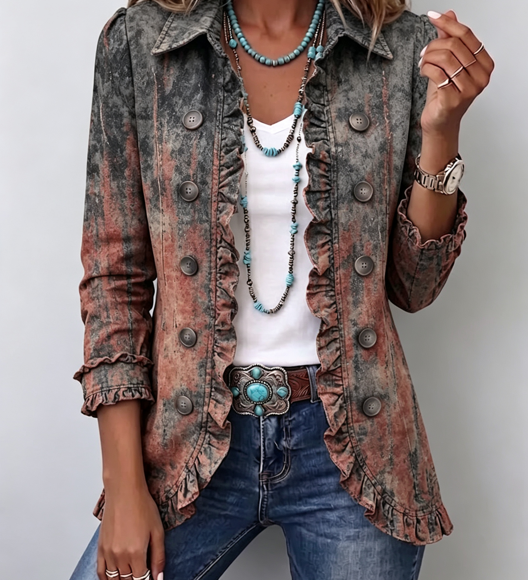 Vintage wash denim jacket, textured rust gradient, button front, ruffle-trim cuffs