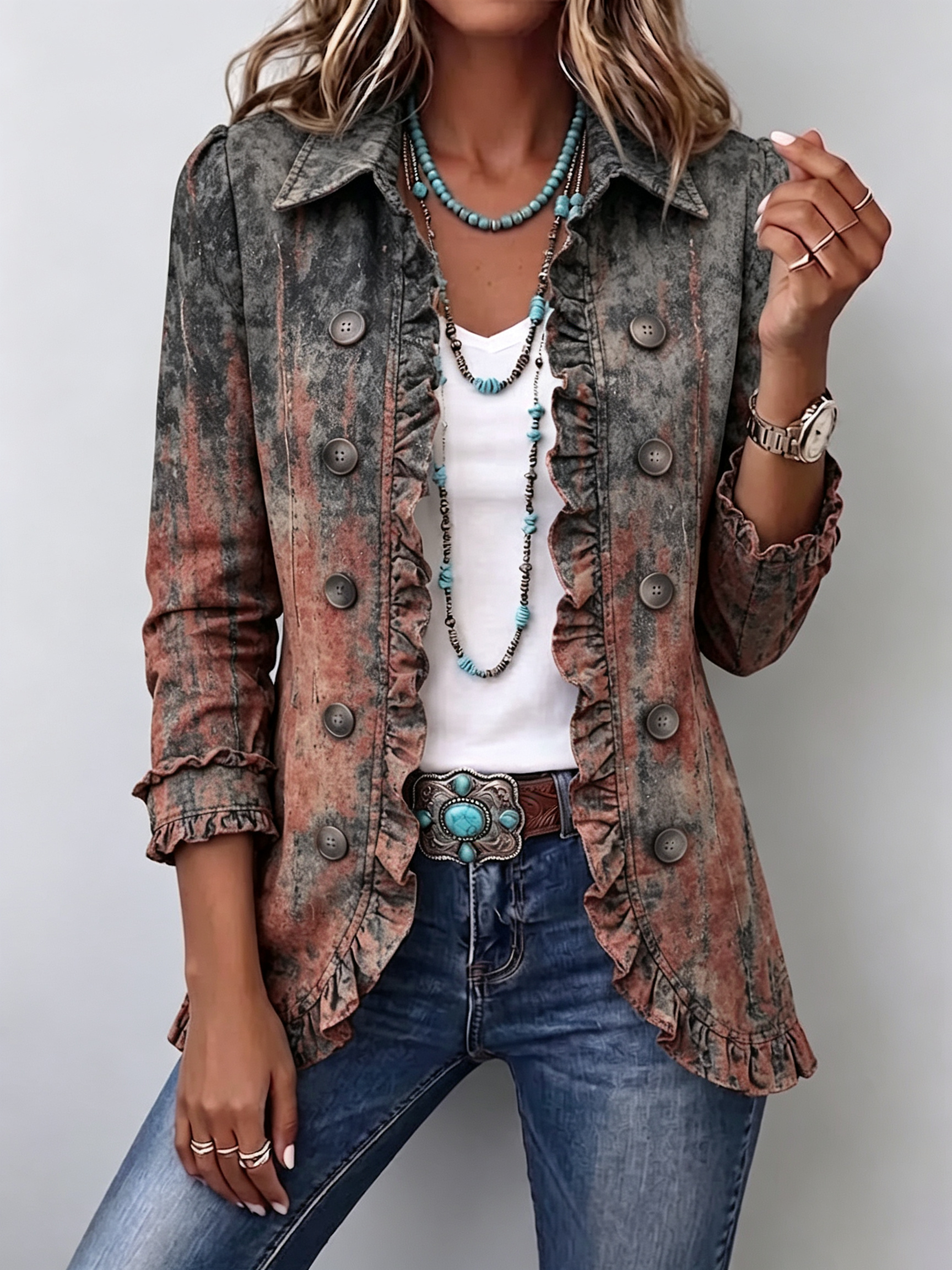 Vintage wash denim jacket, textured rust gradient, button front, ruffle-trim cuffs