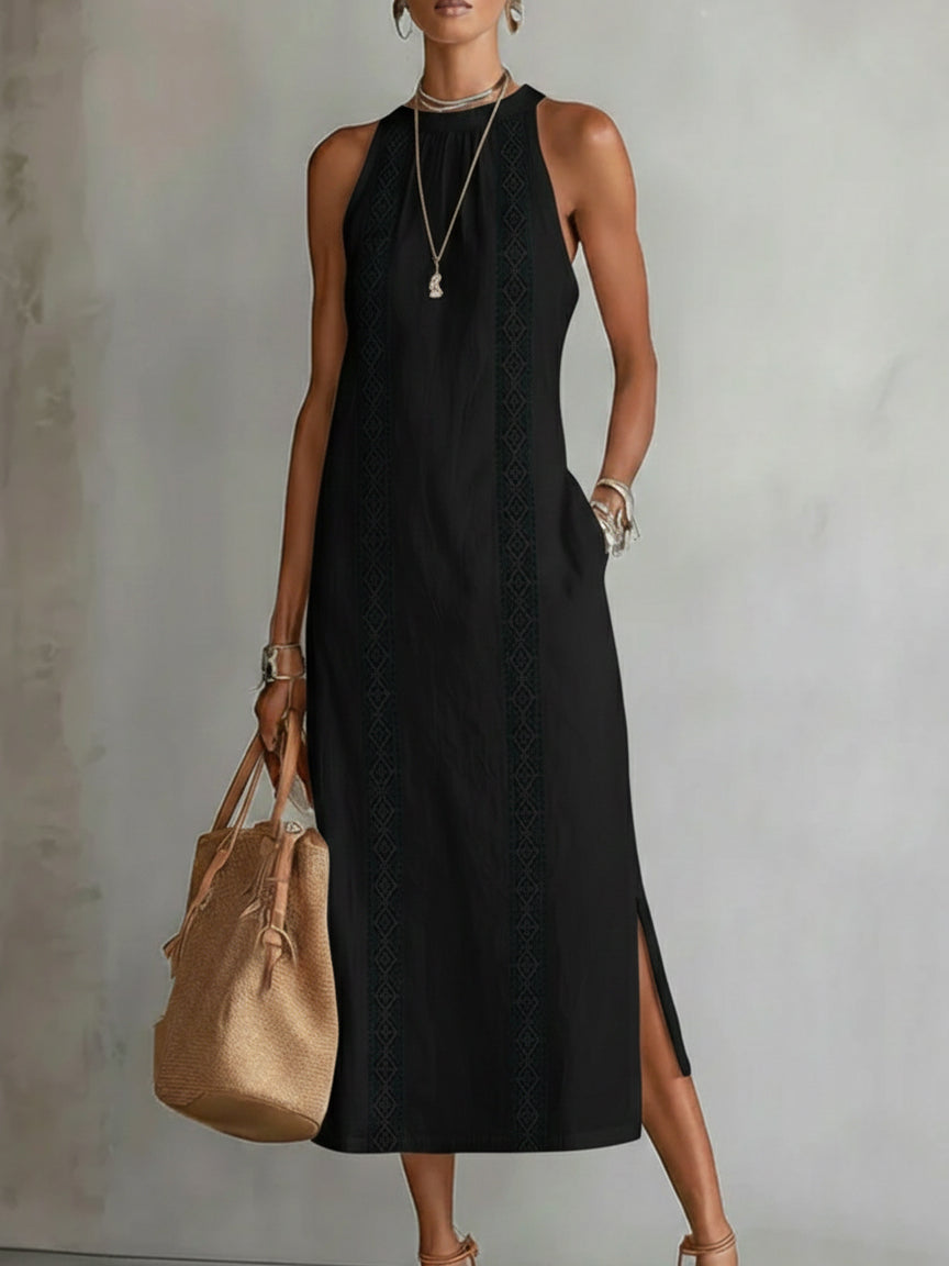 Black linen midi dress with Mao collar, sleeveless, embroidered front panel, side slit