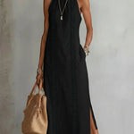 Black linen midi dress with Mao collar, sleeveless, embroidered front panel, side slit