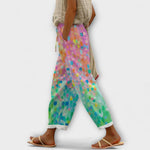 Multicolor wide-leg printed pants with relaxed fit and cuffed hems