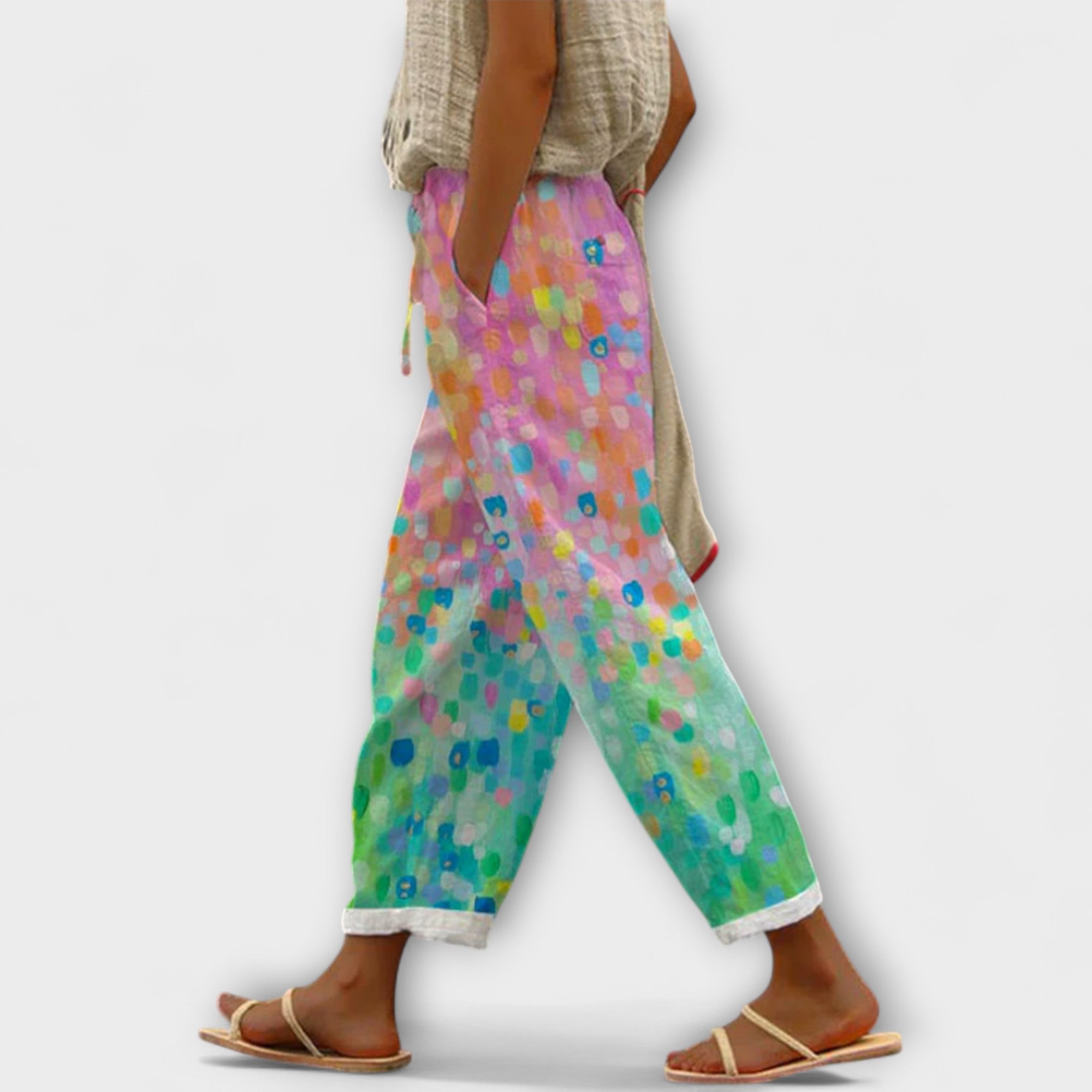 Multicolor wide-leg printed pants with relaxed fit and cuffed hems