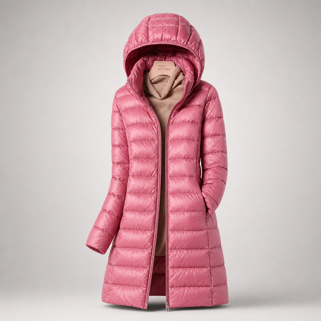 Pink lightweight quilted hooded jacket, full-zip front, smooth padded texture