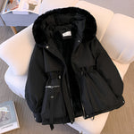 Black hooded puffer jacket with faux-fur trim, front zipper, and pockets
