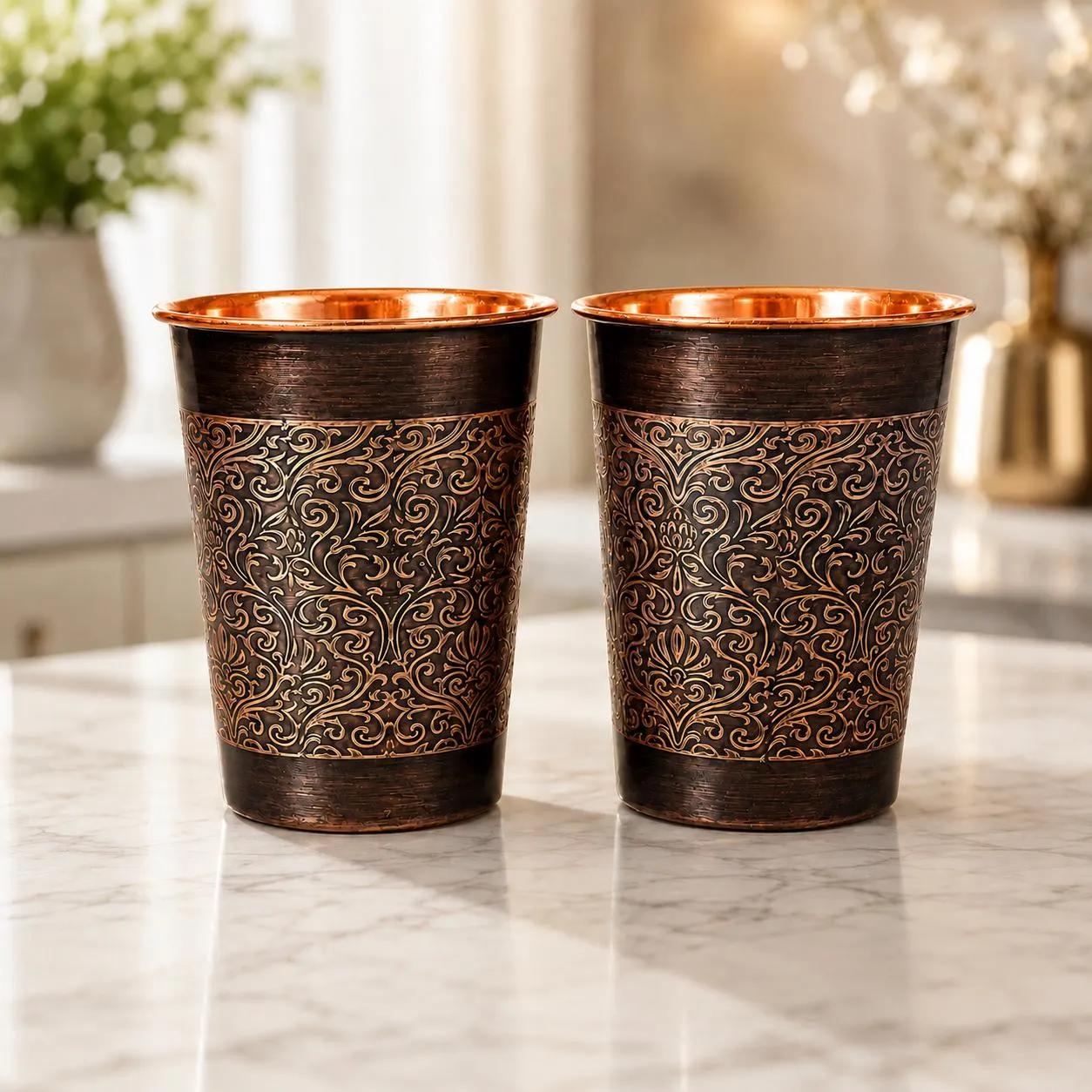 Pair of copper mugs with golden floral scrollwork on dark bronze sides and copper tops