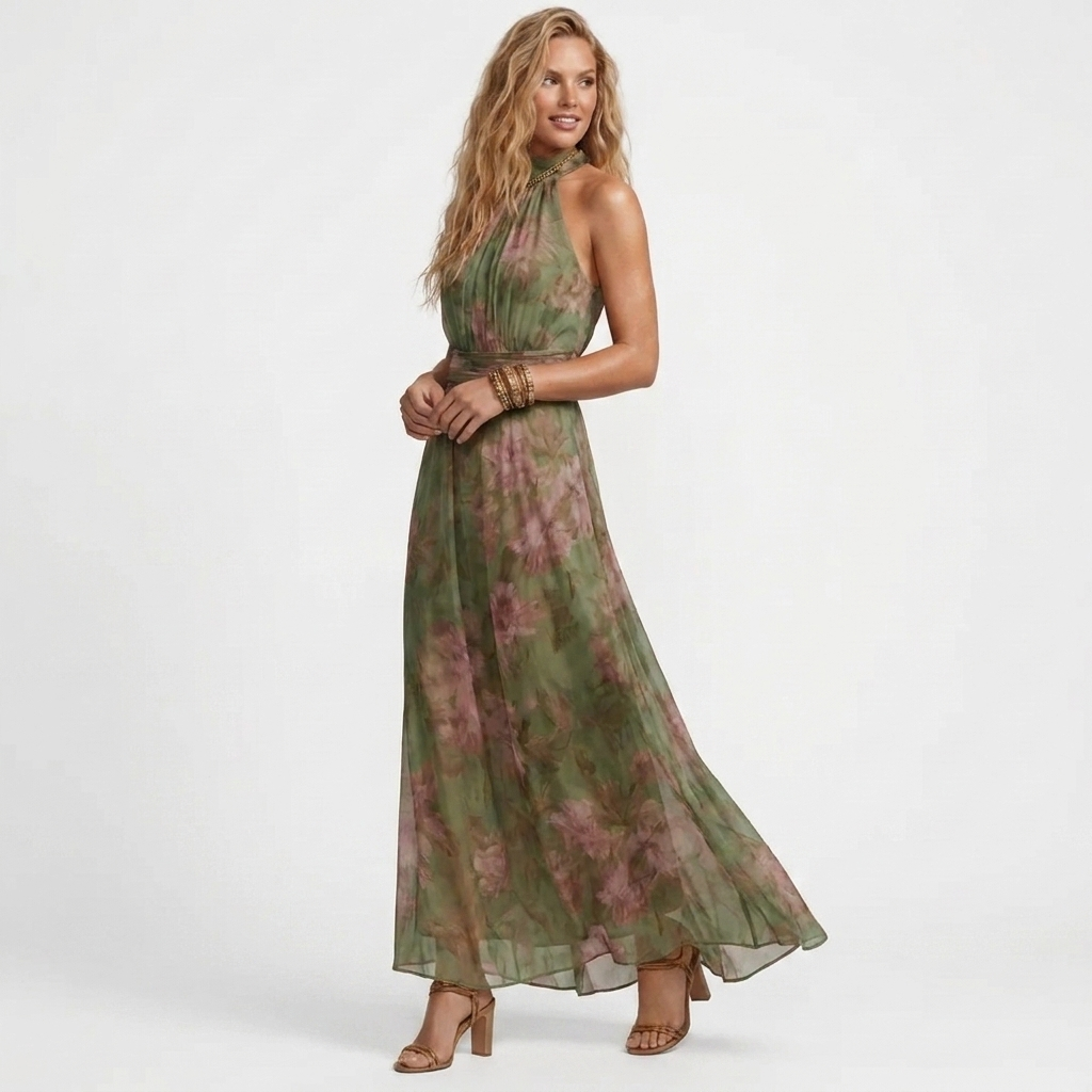 Green floral maxi dress with high neck sleeveless cut and flowing skirt