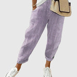 Nina pinstriped trousers in violet and white with ankle cuffs