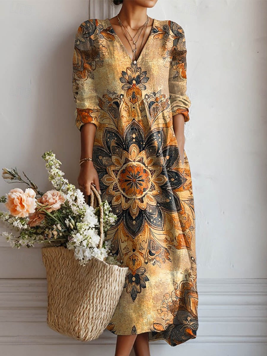 Dora daily comfort dress, long-sleeve V-neck, gold and dark floral print midi