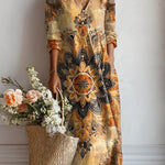 Dora daily comfort dress, long-sleeve V-neck, gold and dark floral print midi