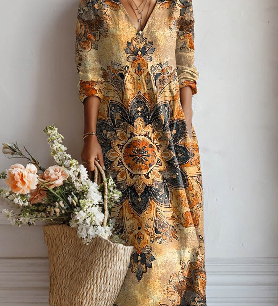 Dora daily comfort dress, long-sleeve V-neck, gold and dark floral print midi