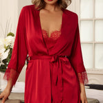 Titania red satin robe and matching nightdress set with lace trim and tie belt