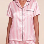 Pink-and-white striped short pajama shirt with chest pocket and button front, boxer shorts