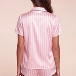 Pink-and-white striped pajama shirt and boxer shorts set, back view, short sleeves