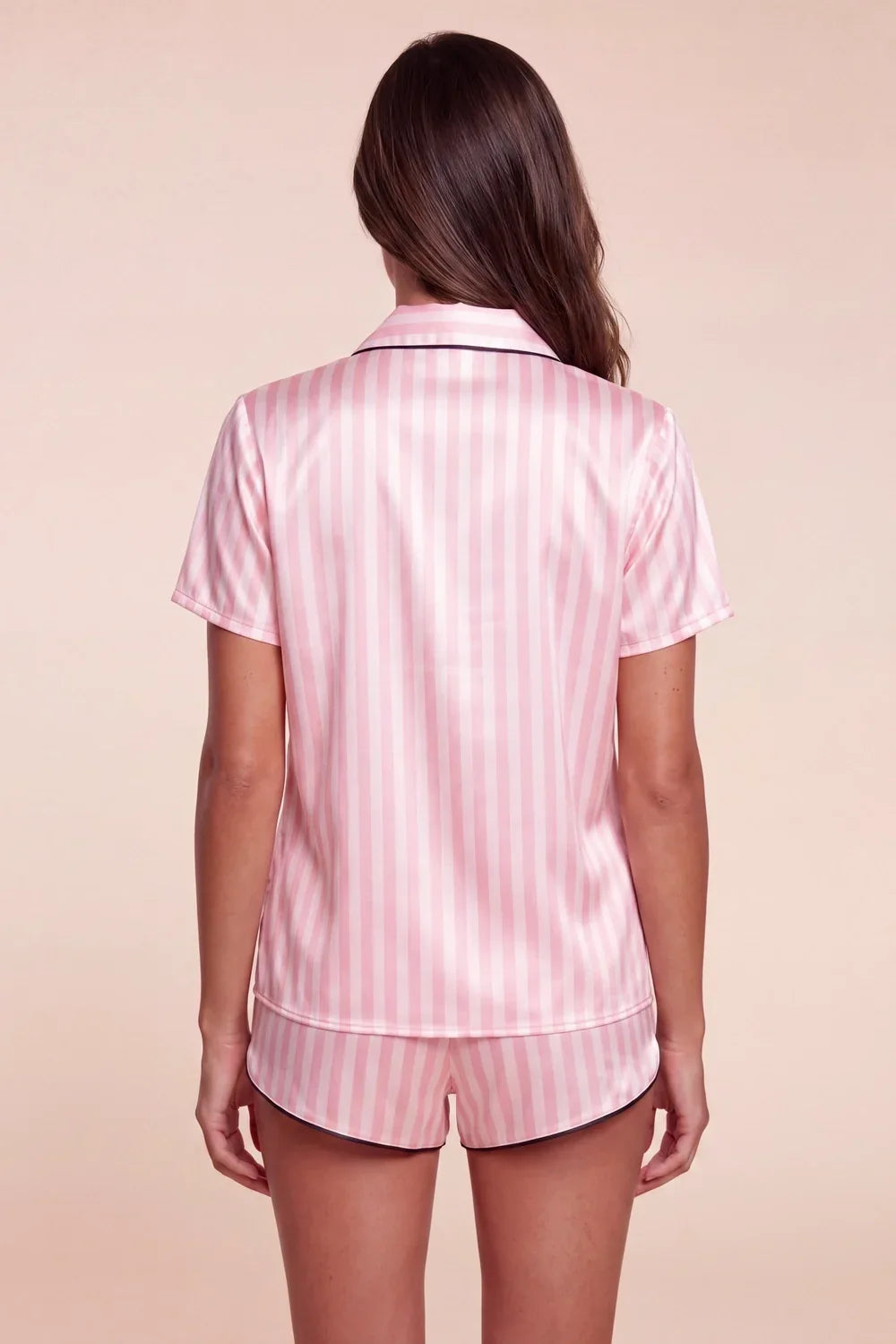 Pink-and-white striped pajama shirt and boxer shorts set, back view, short sleeves