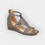 Gray strappy comfort sandals with open toe, ankle strap, and wedge sole