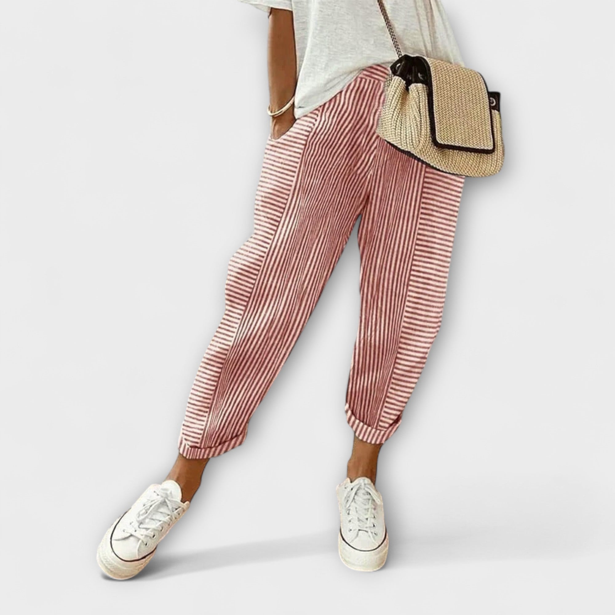 Comfort striped pants in red with light vertical pinstripes, cuffed hems