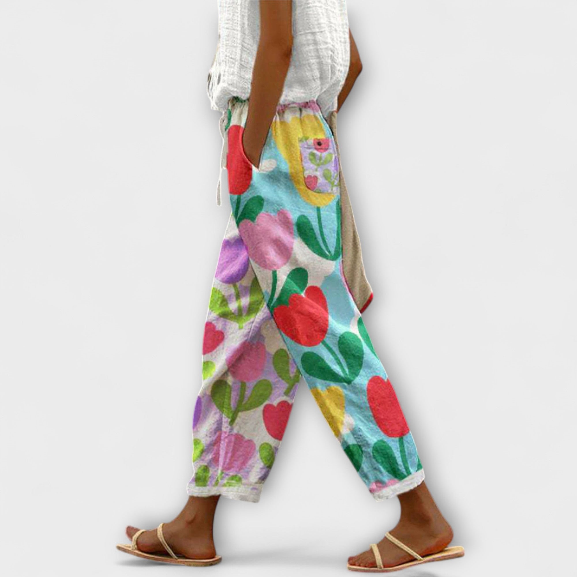 Wide-leg printed pants with multicolor floral and leaf pattern, elastic waist