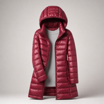 Lightweight quilted hooded jacket in deep red, full-zip front with stand collar