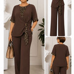 Chocolate-brown two-piece pantsuit with V-neck top and leopard-print tie detail
