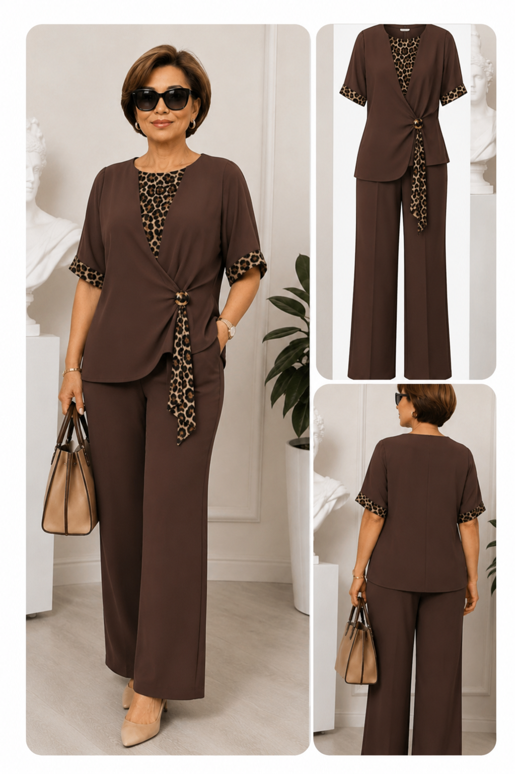 Chocolate-brown two-piece pantsuit with V-neck top and leopard-print tie detail