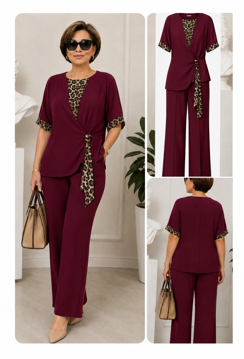 Maroon two-piece pantsuit with V-neck top and leopard-print tie detail