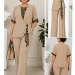Beige two-piece pantsuit set with V-neck top and leopard-print tie detail