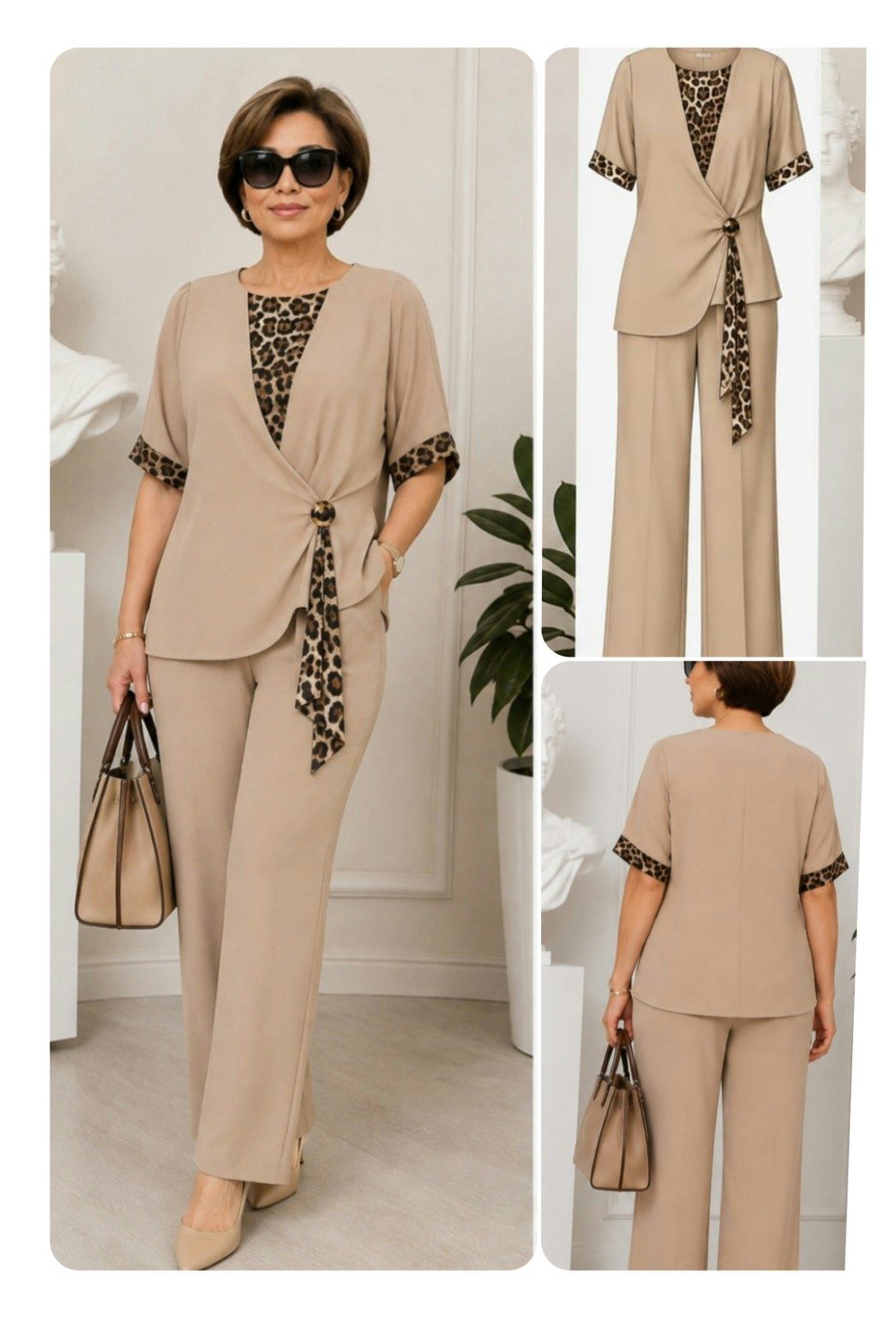 Beige two-piece pantsuit set with V-neck top and leopard-print tie detail