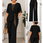 Black two-piece pantsuit set with V-neck top and leopard-print trim on sleeves