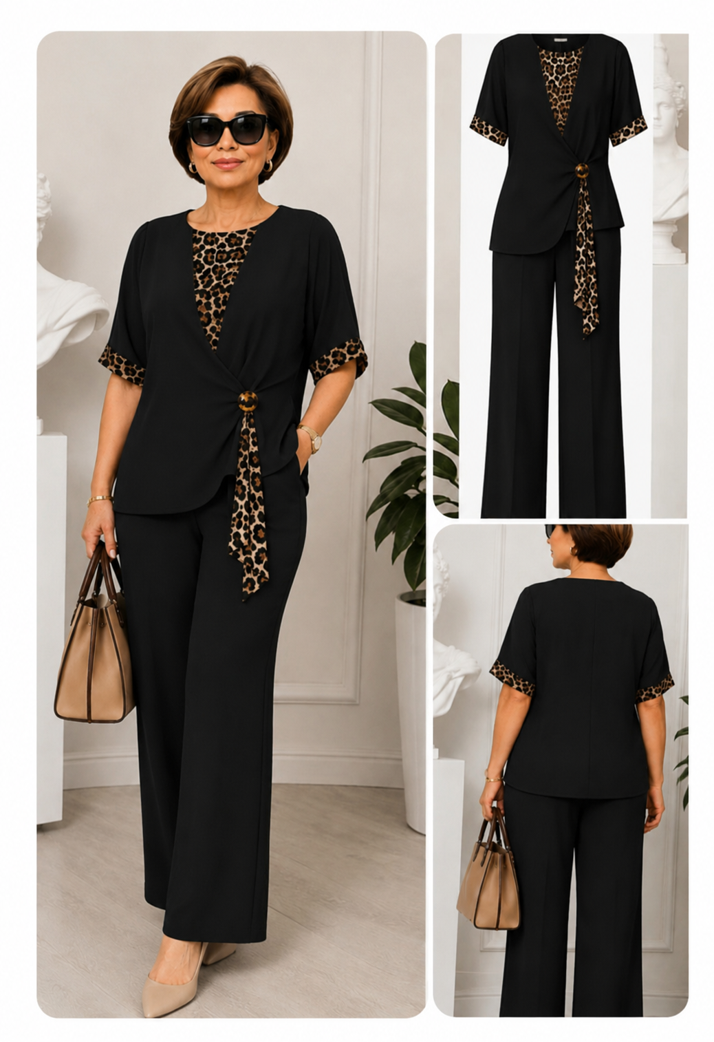 Black two-piece pantsuit set with V-neck top and leopard-print trim on sleeves