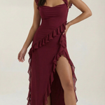 Burgundy elegant dress with thin straps, layered ruffles, and high slit skirt