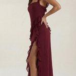 Burgundy ruffled sleeveless maxi dress with thigh-high slit and layered skirt