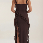 Brown elegant dress from back with thin straps and layered ruffle skirt